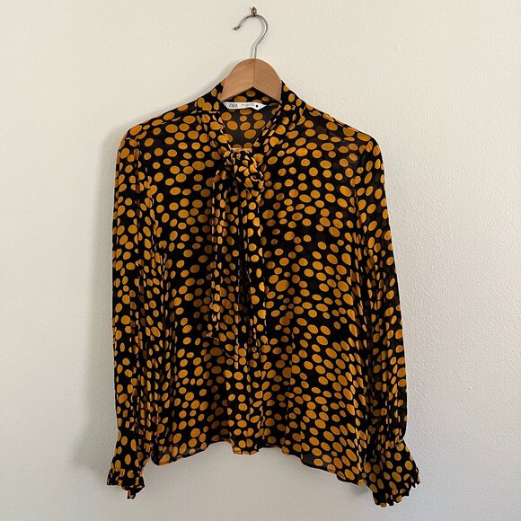 Zara Gold and Black Dot Sheer Bow Neck Blouse - Picture 1 of 6
